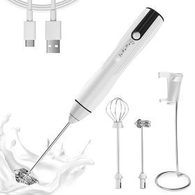 Homasy Rechargeable Handheld Milk Frother 3-Speed Powerful Beverage Blender with 2 Whisk Heads Stand Included Milk Frother (Color: White)